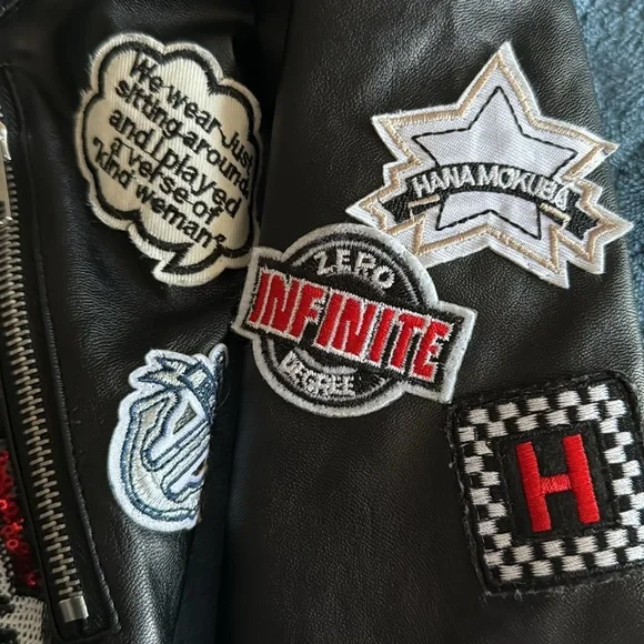 Black Faux Leather Hot & Delicious Jacket w/ Lots of Patches size Small - Picture 8 of 8